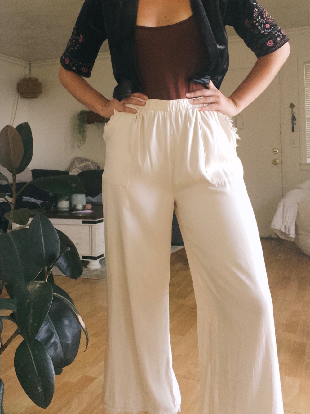 Satin Cream Wide-Leg Pants